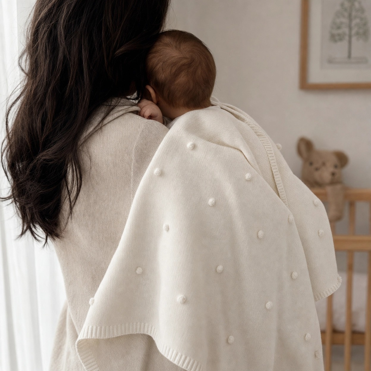 Mãe com o bebê no colo e a manta Bebelan off-white no quarto do bebê