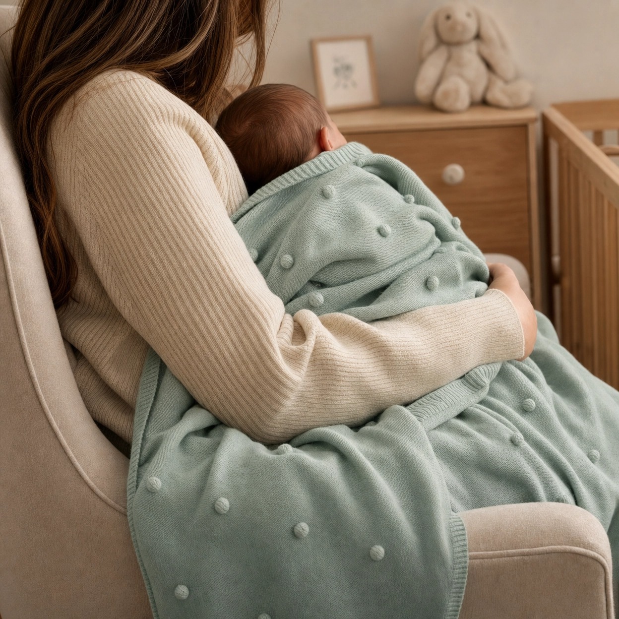 Mãe segurando o bebê adormecido enrolado na manta de tricô Bebelan