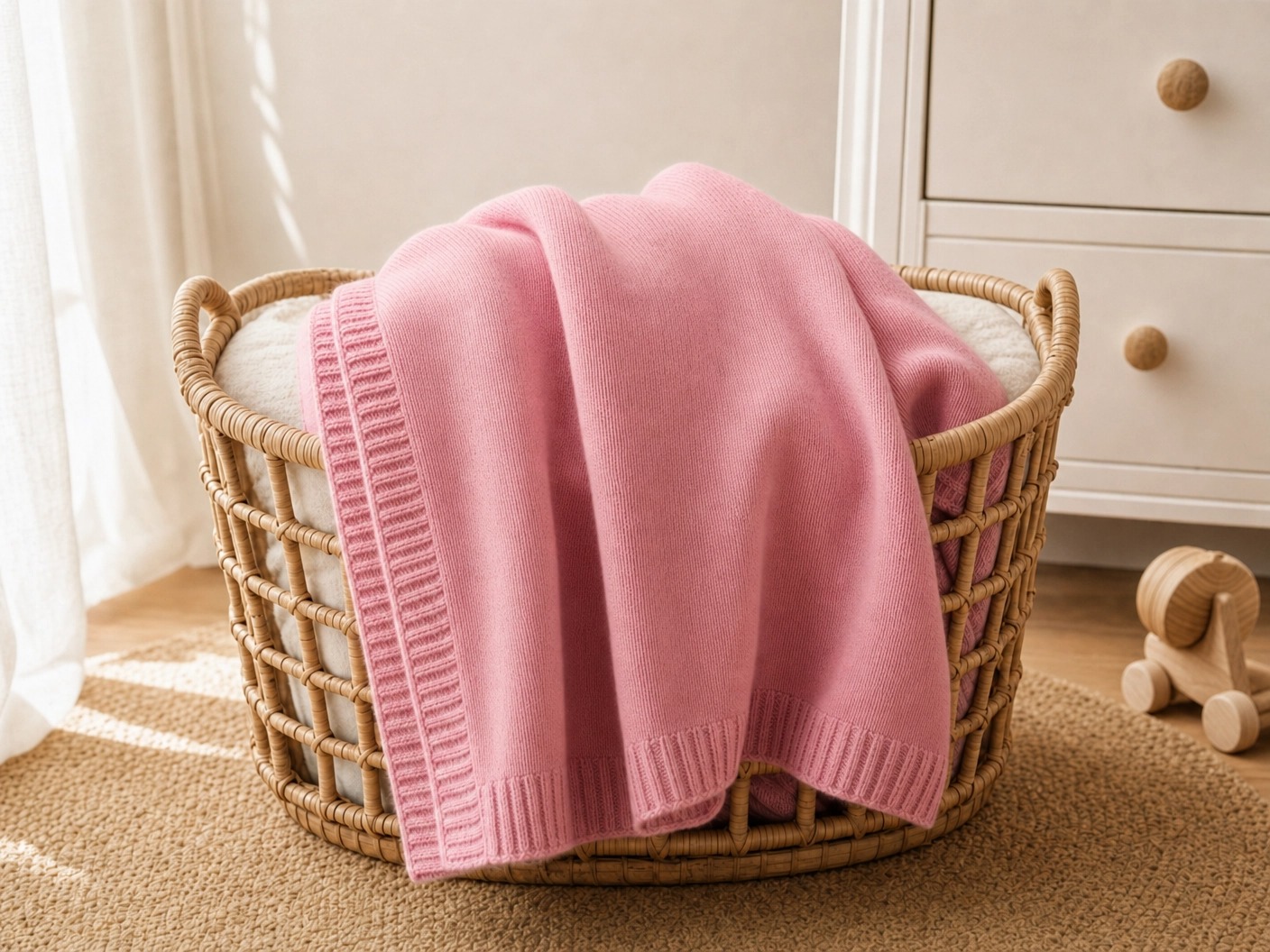 Manta de tricô Bebelan rosa sobre um cesto de vime no quarto do bebê