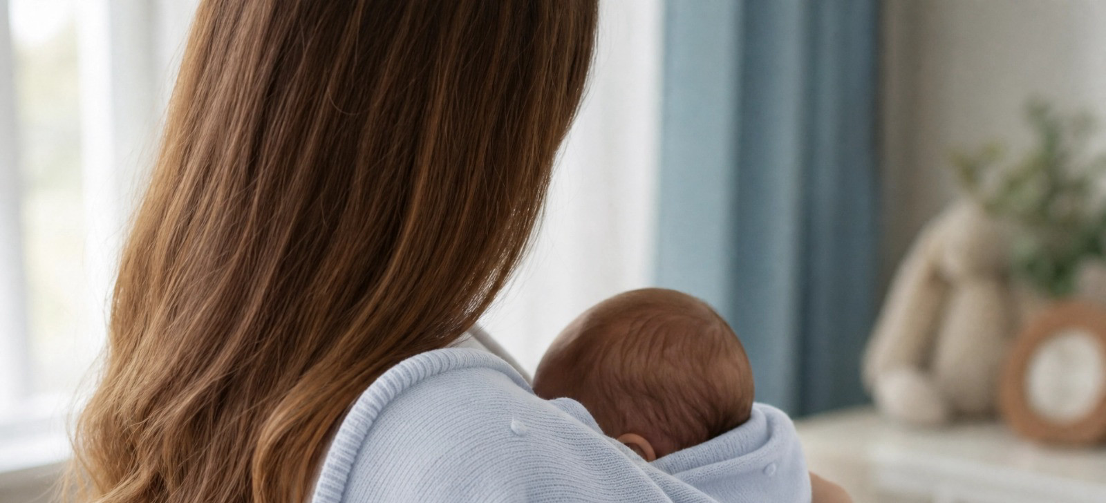 Mãe segurando o bebê enrolado na manta de tricô Bebelan azul